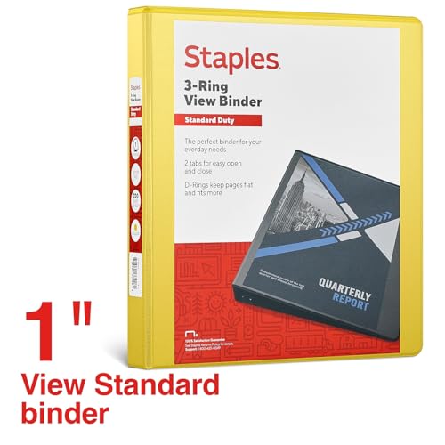 Staples Standard 1-Inch 3-Ring View Binder, Yellow, 220 Sheets - color: Yellow, size: 1-Inch, style: 1 Pack