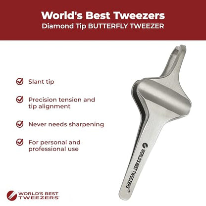 World's Best Tweezers Diamond Butterfly Tweezers - Wide Grip Slant Tip Precision Tweezers for Eyebrow, Facial & Ingrown Hair Removal - Perfectly Aligned Tool for Women&Men - Silver Stainless Steel - style: Butterfly Diamond Tip
