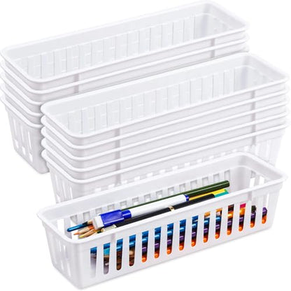 Domensi 12 Pack Slim Plastic Storage Basket Tray Organizer, White - color: White