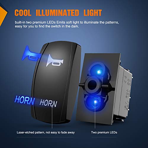 Nilight Horn Switch Momentary Laser Rocker Switch 5PIN On/Off LED Light 20A/12V 10A/24V Switch with Jumper Wires Set for Cars Jeeps Boats Trucks (90126B) - size: HORN