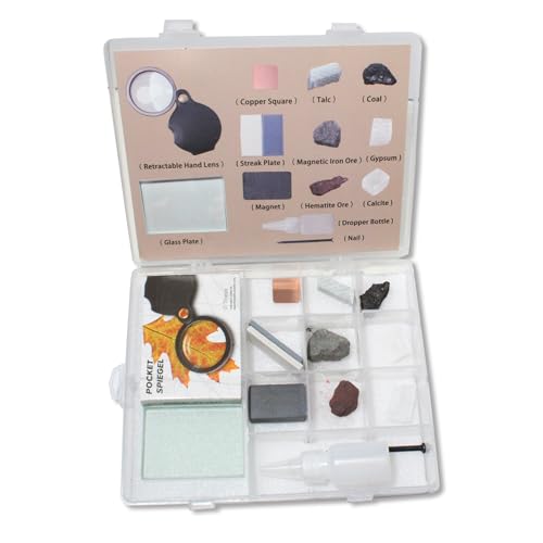 13pc Mineral ID Kit w/Hand Lens, Streak Plate, Magnet & Minerals (Talc/Coal/Calcite) - Hardness/Streak/Acid/Magnetism Tests for Geology Classrooms & Field Analysis