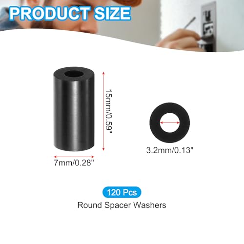 PATIKIL M3 Black ABS ID 3.2mm,OD 7mm,Length 15mm, Nylon Round Spacer Washers, 120Pcs Plastic Standoff Rubber Nut Unthreaded for M3 Screws Electrical Outlet Switch Receptacle - size: 3.2mm x 7mm x 15mm