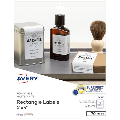 Avery® Rectangle Removable Labels, 2" x 4", Matte White, Sure Feed® Technology, Laser/Inkjet Compatible, 70 Printable Labels Total (6431) - style: 70 labels