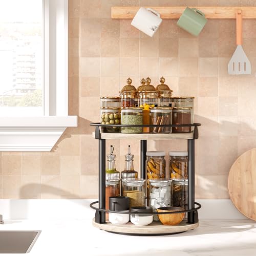 YATINEY Lazy Susan Organizer, Rotating Spice Rack, 2 Tier Spice Turntable Organizer, Industrial Turntable Spice Holder, for Kitchen Countertop and Cabinet, Compact and Versatile, Greige SR22BG - color: Greige + Black, size: 10.2"L x 10.2"W x 11"H