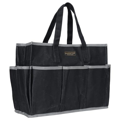 Waxed Canvas Tote Bag, Heavy Duty Multi-Purpose Canvas Tool Bag with 10 Pockets for Screwdrivers/Wrench/Pliers/Electricians Storage, Black - color: Black