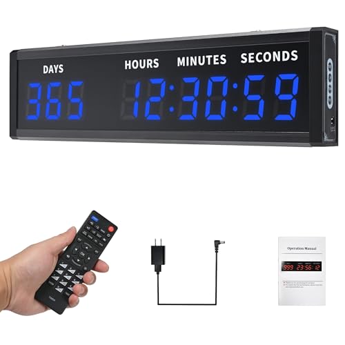 Large Digital Count Up Count Down Timer, Multi-Function 999 Days Countdown Remote Control 12/24 Hour Real Time Clock Calendar, Blue Large Display(18.8"*5") Buzzer Alert for Event