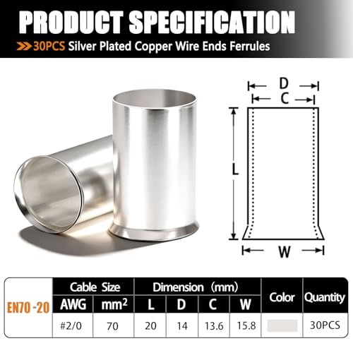 mankk 30PCS AWG 2/0 Wire Ferrules Terminals Kits Silver Plated Copper Ferrules Wire Ends Terminals Crimp Terminal Connector Sleeves (EN70-20) - color: 30PCS