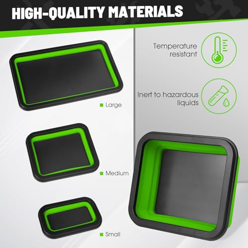 Collapsible Magnetic Parts Tray Set, 3 Different Size Tool Trays, Green - color: Green