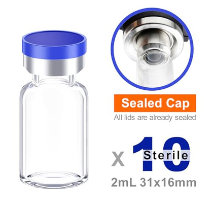 Sterile Empty Vials with Self Healing Injection Port and Aluminum Plastic Cap,Sterile Package (2ml Clear 10PCS) - size: 2ml Clear 10PCS