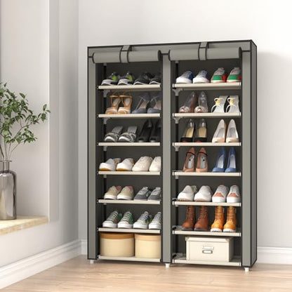 JIUYOTREE Double Row Shoe Rack Storage Organizer with Big Capacity,7-Tier Shoe Cabinet,Shelf,Closet with Nonwoven Fabric Cover for 28 Pairs of Shoes,Grey - color: Grey