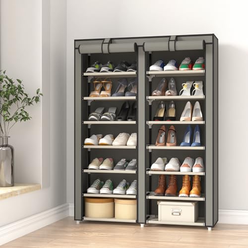 JIUYOTREE Double Row Shoe Rack Storage Organizer with Big Capacity,7-Tier Shoe Cabinet,Shelf,Closet with Nonwoven Fabric Cover for 28 Pairs of Shoes,Grey - color: Grey