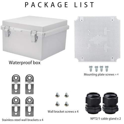 Waterproof Electrical Box with Mounting Plate, IP67 Junction Box Stainless Steel Latch Hinged Grey Cover Project Enclosure with Wall Bracket and 2 Glands 8.3" x 8.3" x 3.9" - color: Grey, size: 8.3" x 8.3" x 3.9"