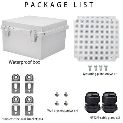 Waterproof Electrical Box with Mounting Plate, IP67 Junction Box Stainless Steel Latch Hinged Grey Cover Project Enclosure with Wall Bracket and 2 Glands 8.3" x 8.3" x 5.1" - color: Grey, size: 8.3" x 8.3" x 5.1"