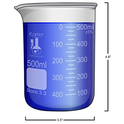500ml Beaker, Low Form Griffin, Borosilicate 3.3 Glass, Double Scale, Graduated, Karter Scientific 213D26 (Single) - size: 500ml, style: Pack of 1