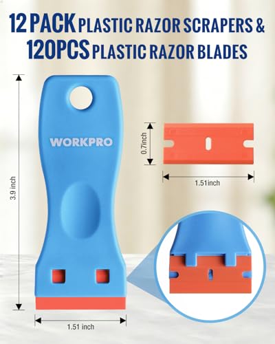 WORKPRO Plastic Razor Blade Scraper Kit, 12 Scrapers with 120 Blades - size: 12 Pack + 120 Blades