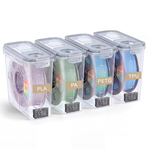 4 Pack Filament Storage Box 4L Each Holds 1KG 1.75mm Spool Airtight Moisture Control 3D Printer Filament Dry Box with Hygrometers Desiccant Packs and Labels for PLA PETG ABS TPU