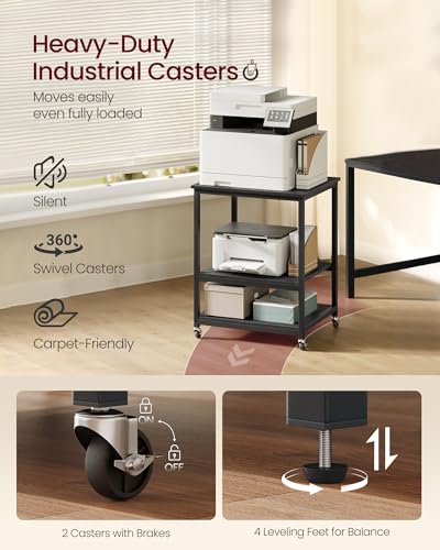 VASAGLE 3-Tier Printer Stand with Locking Wheels, Under Desk Printer Table - color: Ebony Black, size: 3 Tiers/Large