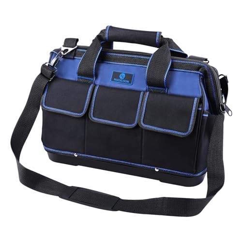 Tool Bag 16'', Multi-pocket Tool Organizer with Water Proof Plastic Base, Heavy Duty Tote with Shoulder Strap for Tool Storage, Black & Blue - color: Blue