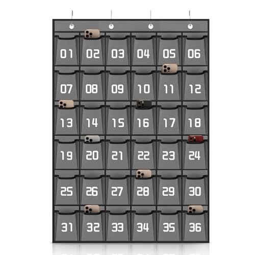 Loghot 36 Numbered Pockets Classroom Pocket Chart for Cell Phone Holder - size: 36 Pockets Gray