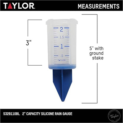 Taylor Break and Freeze Proof Flexible Silicone Sprinkler Gauge, Measures Outdoor Rain, Precipitation, and Sprinkler Systems, Easy to Read for Garden, Lawn, Patio, Backyard, or Outside, 2-Inch, Blue - size: 2 Inch