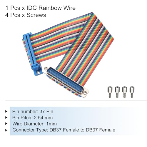 MECCANIXITY IDC Rainbow Wire Flat Ribbon Cable DB37 Male to DB37 Female 8 Inch Length 2.54mm Pitch Breadboard Jumper Wires for Electronic Projects - size: 8 Inch, style: DB37 Male to DB37 Female