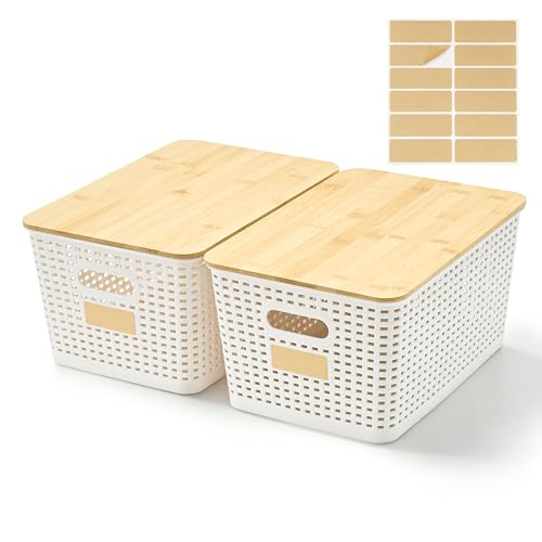 Bagnizer 2 Pack Tall Plastic Storage Bins with Bamboo Lids, 10.8qt Stackable Storages Baskets for Organizing Desktop Closet Playroom Classroom Office, 12"L x 8.3"W x 6.1"H, Cream White - color: Cream White, size: Tall- 2 Pack