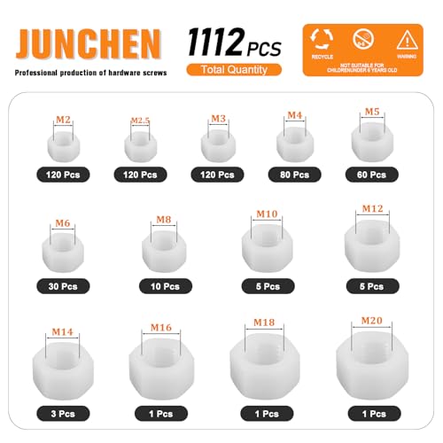 M2-M20 Black&White Nylon Hex Nut Assortment Kit Metric Thread Hexagonnuts,1112pcs Nylon Hardware Nut Set,Nuts for Plastic Screw Standoff Spacer for PCB Board M2M2.5M3M4M5M6M8M10M12M14M16M18M20