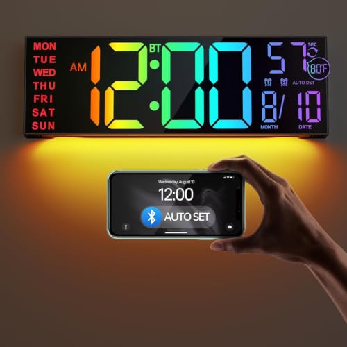 JALL 16.2" Large Digital Wall Clock with Bluetooth Sync for Classroom, RGB Digital Clock Large Display with Auto DST, Wall Clock for Bedroom Gym Office, Led Clock for Seniors (Black) - color: Black, size: 16.2 inches