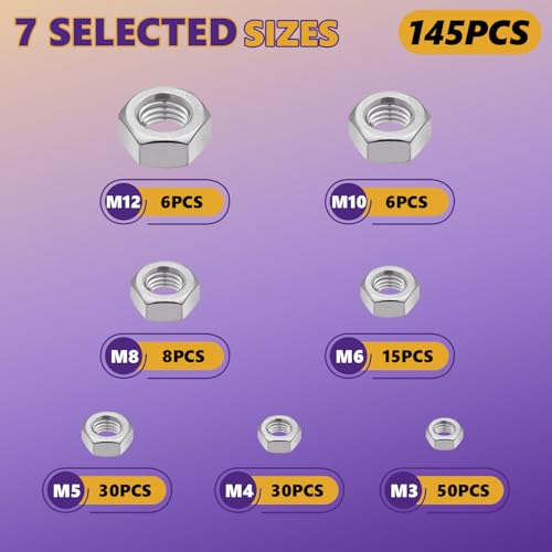 145Pcs Metric 7 Sizes Hex Nut Assortment 304 Stainless Steel - size: 145Pcs M3-M12 Silver