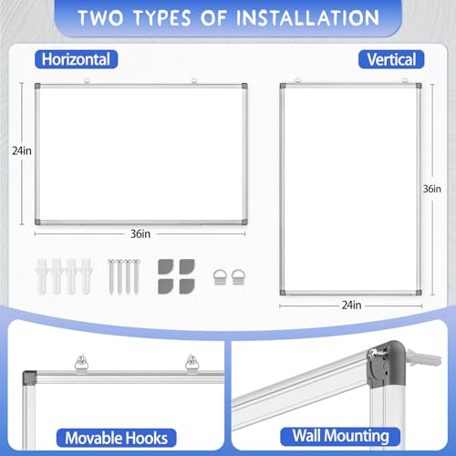 Grtard 36" x 24" Magnetic Dry Erase Board, Large Hanging Magnetic White Board with Aluminum Frame, Smooth Writing Presentation Whiteboard Suitable for Home, Office, Classroom & Kitchen - color: Silver, size: 36"W x 24"H