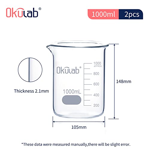 2pcs of 1000mL Glass Beaker, Low Form, Graduated 3.3 Borosilicate Glass Beaker Set for Lab, Classroom, Craft, Kitchen,BKLG1000A2 - style: Vol.1000ml, Case of 2