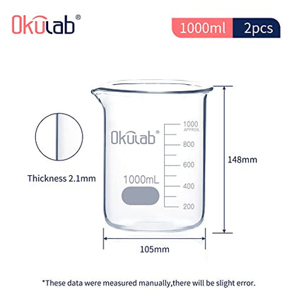 2pcs of 1000mL Glass Beaker, Low Form, Graduated 3.3 Borosilicate Glass Beaker Set for Lab, Classroom, Craft, Kitchen,BKLG1000A2 - style: Vol.1000ml, Case of 2
