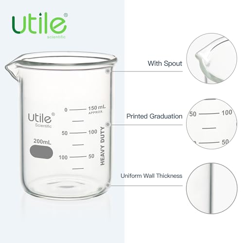 Utile 200ml Beaker Set, 12pcs of 6.8oz Upgraded Thickening Grass Beakers, Low Form Chemical Lab Beakers, Borosilicate 3.3 Glass with Printed Graduation, 4000.0200.12 - style: 200 ml (12pcs)