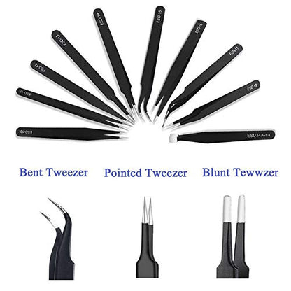 Tweezers Precision Set,Easily Life 10pcs ESD Tweezers Set, Anti Static Stainless Steel Anti Magnetic Tweezers Set with Storage Bag for Craft,Electronics Repair,jewelry repair,Laboratory Work,etc