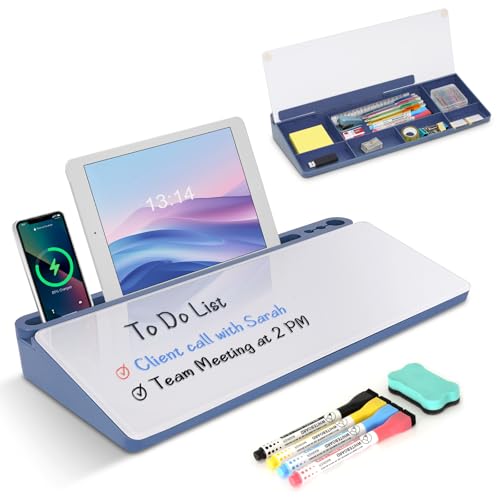 Desktop Glass Whiteboard with Storage, Desk Dry Erase White Board Blue - color: Organizer-blue