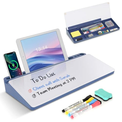 Desktop Glass Whiteboard with Storage, Desk Dry Erase White Board Blue - color: Organizer-blue