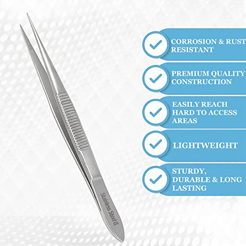 Stainless Steel High Precision Forceps with Fine Strong Straight Serrated Point to use Engineer Labware for Scientific Use (4.5 Inch) - size: 4.5 Inch