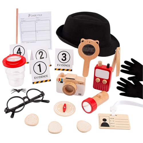 Spy Kit for Kids Detective Outfit Fingerprint Toys for 5 6 7 8 9 10 Year Old with Hat,Wooden Magnifying Glass and Detective Tools,Secret Agent Investigation Science Set,Spy Costumes for Kids 8-12