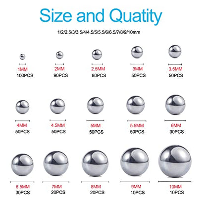 690 Piece 1-10mm 15 Sizes Metric Precision 304 Stainless Steel Assorted Loose Bicycle Bearing Steel Ball Assortment Kit - size: 0.039 - 0.394 in