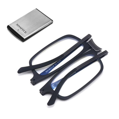 Missfive Premium Folding Reading Glasses Blue Light Blocking for Men Women, Ultra Thin Foldable Portable Travel Readers with Durable Pocket Metal Case, Black Lightweight Compact Eyewear 1.5x - color: Black & Metal Glasses Case