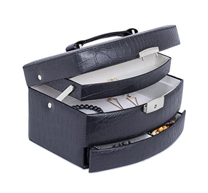 Internet's Best Faux Leather 3-Tier Jewelry Case | Slide Open Jewelry Box | Multi Compartment for Rings, Earings, Necklaces & Bracelets | Interior Mirror | Black