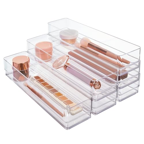 STORi SimpleSort 6-Piece Stackable Clear Drawer Organizer Set | 12" x 3" x 2" Rectangle Trays | Narrow Makeup Vanity Storage Bins and Office Desk Drawer Dividers | Made in USA - size: 12x3x2" (Set of 6)
