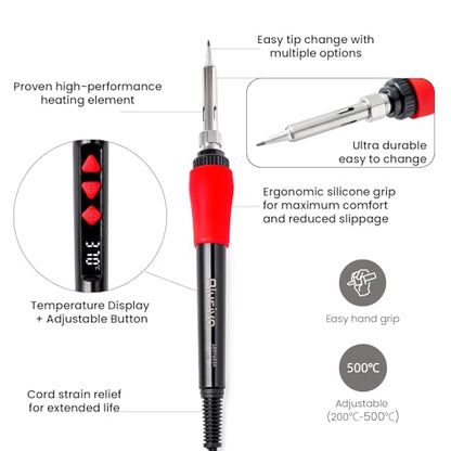 Soldering Iron Kit, 60W LED Display Digital Solder Pen, 5 Replaceable Tips, 21-in-1 Fast Heating with Solder Wire, Stand, Desoldering Pump, for Electronics Repair Hobby DIY 120V US Plug from Plusivo - color: Digital Soldering Iron Kit 1