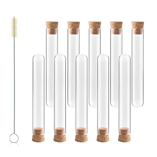 Glass Test Tubes with Cork and Brush, Vol.10ml/Dia.15x100mm, Pack of 50, 3.3 Borosilicate Glass, TTGS02-050 - style: 50pcs of Vol.10ml, with cork& brush