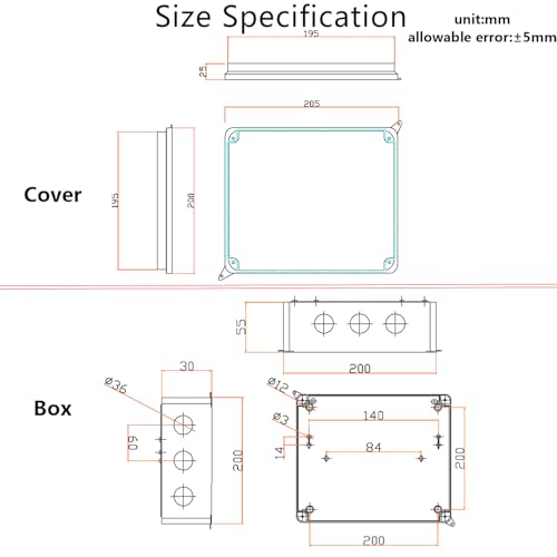 Outdoor Waterproof Box,Junction Box Reserved Holes IP65 ABS Plastic Electrical Boxes Power Cord Enclosure Project Box Black Outer Size 7.9 x 7.9 x 3.1 inch(200x200x80mm) - size: 7.9" x 7.9" x 3.1"