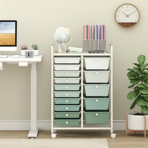 COSTWAY 15 Drawer Rolling Storage Cart, Mobile Storage Organizer - color: Green Gradient, size: 15 Drawer