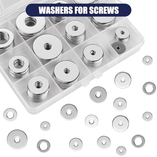 WEGOUP 100Pcs Flat Washers for Screws, 304 Stainless Steel M3-M12 Assorted - size: 12 Sizes 100 Pieces