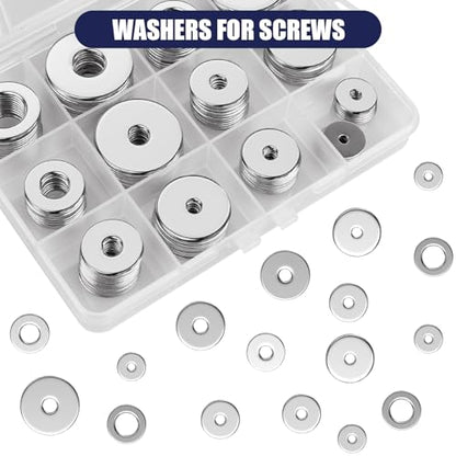 WEGOUP 100Pcs Flat Washers for Screws, 304 Stainless Steel M3-M12 Assorted - size: 12 Sizes 100 Pieces