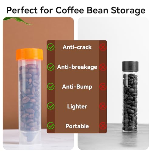 20Pcs Single Dose Coffee Bean Storage Tubes with Stand & Hopper - Plastic Airtight Coffee Bean Cellar, Espresso Coffee Dosing Vials with Scales and Write Marks for Ground Coffee Spices Loose Tea, 17g