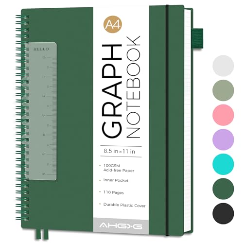 AHGXG Spiral Graph Paper Notebook, 110 Pages, A4 (8.5" x 11") - color: Green, style: A4-Graph